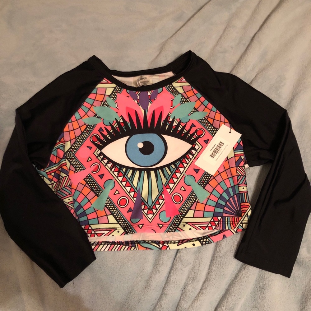 black multi eye crop swim top